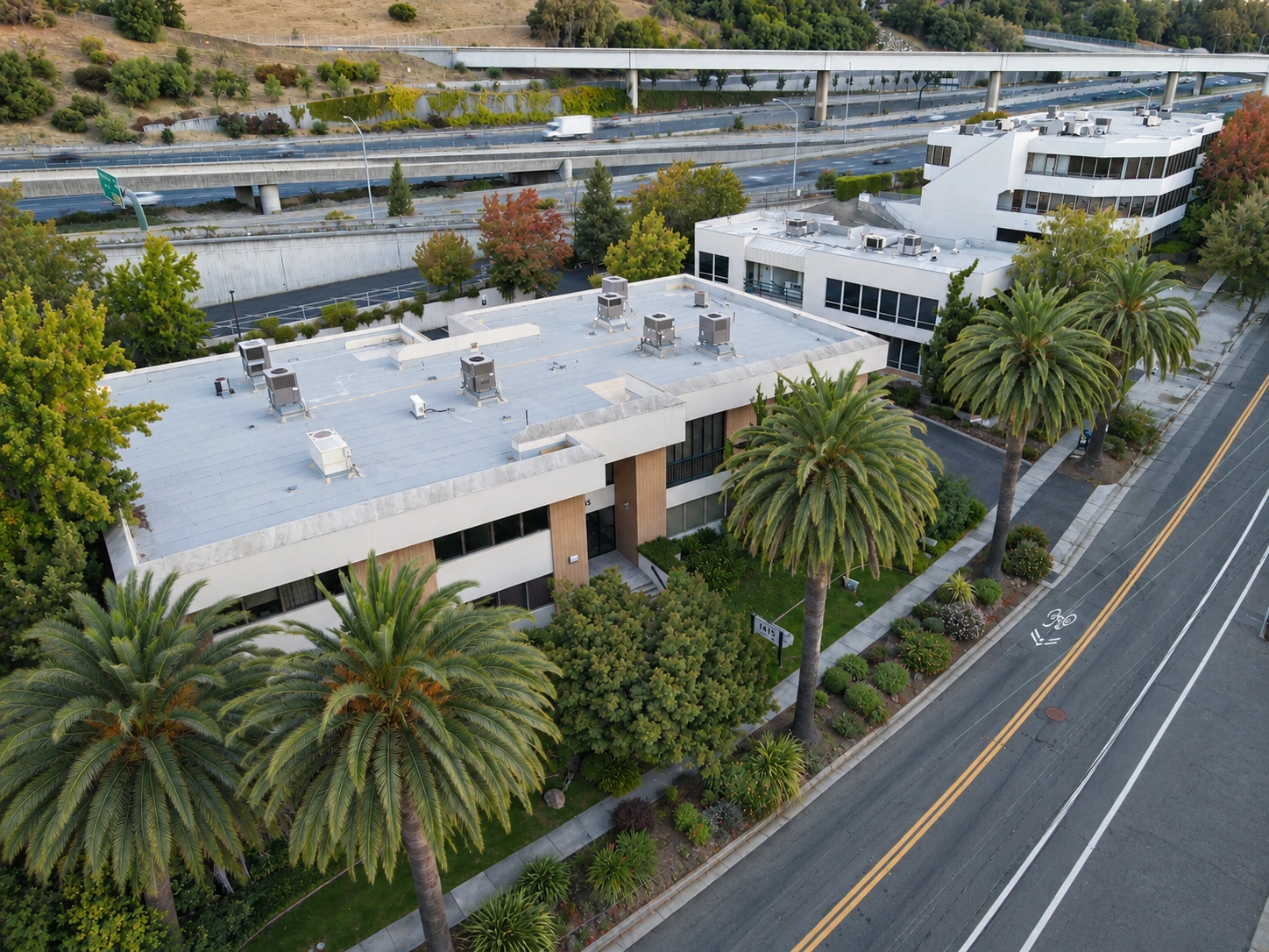 Aerial view of the office buildings at 1415 and 1431 Oakland Boulevard